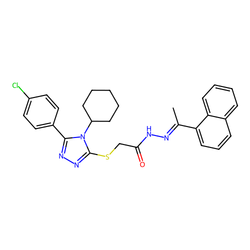 2-{[5-(4-chlorophenyl)-4-cyclohexyl-4H-1,2,4-triazol-3-yl]sulfanyl}-N'-[(1E)-1-(naphthalen-1-yl)ethylidene]acetohydrazide structure