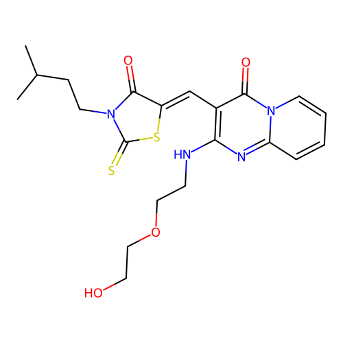 2-{[2-(2-hydroxyethoxy)ethyl]amino}-3-{(Z)-[3-(3-methylbutyl)-4-oxo-2-thioxo-1,3-thiazolidin-5-ylidene]methyl}-4H-pyrido[1,2-a]pyrimidin-4-one structure