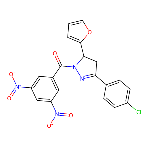 [3-(4-chlorophenyl)-5-(2-furyl)-4,5-dihydropyrazol-1-yl]-(3,5-dinitrophenyl)methanone structure