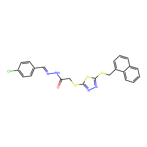 (E)-N'-(4-chlorobenzylidene)-2-((5-((naphthalen-1-ylmethyl)thio)-1,3,4-thiadiazol-2-yl)thio)acetohydrazide structure