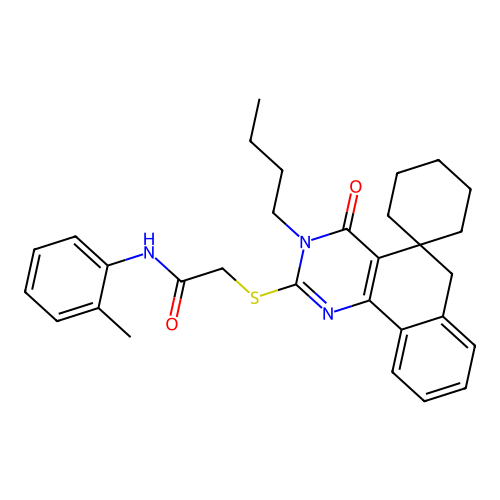 2-((3-butyl-4-oxo-4,6-dihydro-3H-spiro[benzo[h]quinazoline-5,1'-cyclohexan]-2-yl)thio)-N-(o-tolyl)acetamide structure