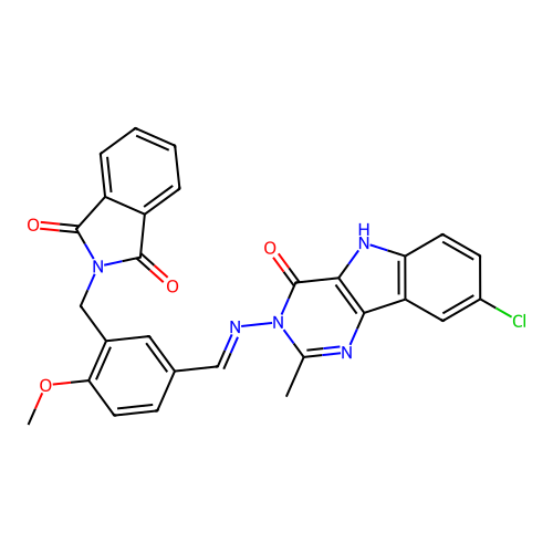 (E)-2-(5-(((8-chloro-2-methyl-4-oxo-4,5-dihydro-3H-pyrimido[5,4-b]indol-3-yl)imino)methyl)-2-methoxybenzyl)isoindoline-1,3-dione structure