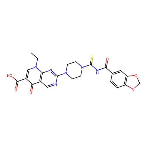 2-(4-((benzo[d][1,3]dioxole-5-carbonyl)carbamothioyl)piperazin-1-yl)-8-ethyl-5-oxo-5,8-dihydropyrido[2,3-d]pyrimidine-6-carboxylic acid structure
