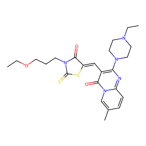 3-{(Z)-[3-(3-ethoxypropyl)-4-oxo-2-thioxo-1,3-thiazolidin-5-ylidene]methyl}-2-(4-ethylpiperazin-1-yl)-7-methyl-4H-pyrido[1,2-a]pyrimidin-4-one structure