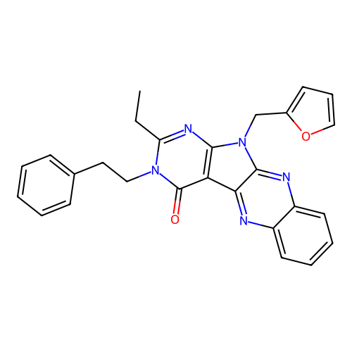 2-ethyl-11-(furan-2-ylmethyl)-3-(2-phenylethyl)-3,11-dihydro-4H-pyrimido[5',4':4,5]pyrrolo[2,3-b]quinoxalin-4-one structure