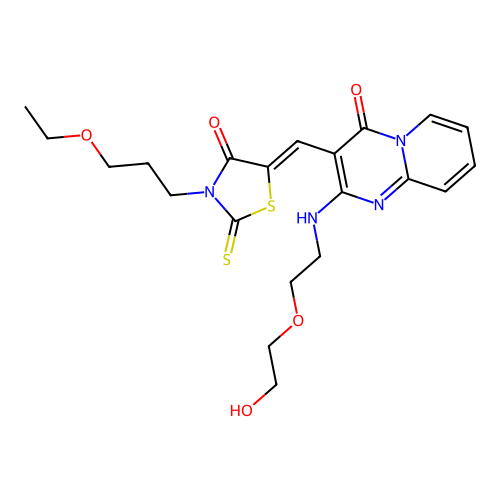 3-{(Z)-[3-(3-ethoxypropyl)-4-oxo-2-thioxo-1,3-thiazolidin-5-ylidene]methyl}-2-{[2-(2-hydroxyethoxy)ethyl]amino}-4H-pyrido[1,2-a]pyrimidin-4-one structure