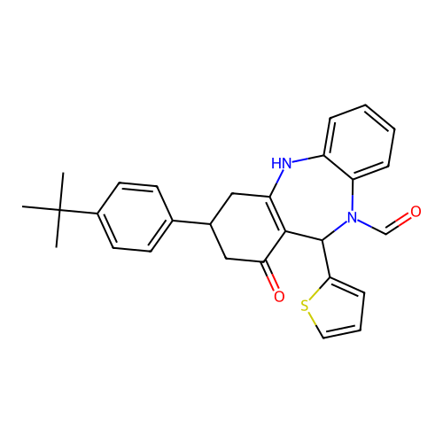 3-(4-(tert-butyl)phenyl)-1-oxo-11-(thiophen-2-yl)-3,4,5,11-tetrahydro-1H-dibenzo[b,e][1,4]diazepine-10(2H)-carbaldehyde structure