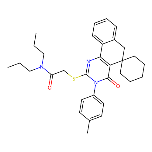 2-((4-oxo-3-(p-tolyl)-4,6-dihydro-3H-spiro[benzo[h]quinazoline-5,1'-cyclohexan]-2-yl)thio)-N,N-dipropylacetamide structure
