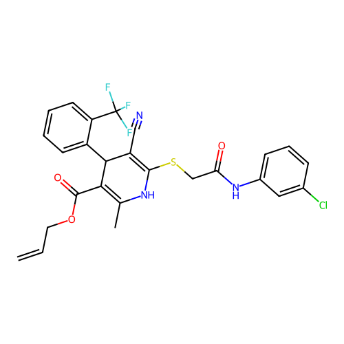allyl 6-((2-((3-chlorophenyl)amino)-2-oxoethyl)thio)-5-cyano-2-methyl-4-(2-(trifluoromethyl)phenyl)-1,4-dihydropyridine-3-carboxylate structure