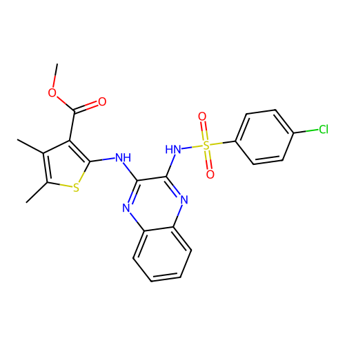 methyl 2-((3-(4-chlorophenylsulfonamido)quinoxalin-2-yl)amino)-4,5-dimethylthiophene-3-carboxylate structure