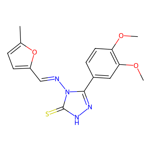 (E)-5-(3,4-dimethoxyphenyl)-4-(((5-methylfuran-2-yl)methylene)amino)-4H-1,2,4-triazole-3-thiol structure