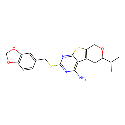 2-((benzo[d][1,3]dioxol-5-ylmethyl)thio)-6-isopropyl-6,8-dihydro-5H-pyrano[4',3':4,5]thieno[2,3-d]pyrimidin-4-amine structure