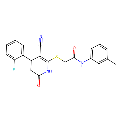 2-((3-cyano-4-(2-fluorophenyl)-6-oxo-1,4,5,6-tetrahydropyridin-2-yl)thio)-N-(m-tolyl)acetamide structure