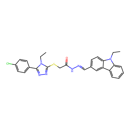 2-{[5-(4-chlorophenyl)-4-ethyl-4H-1,2,4-triazol-3-yl]sulfanyl}-N'-[(E)-(9-ethyl-9H-carbazol-3-yl)methylidene]acetohydrazide structure
