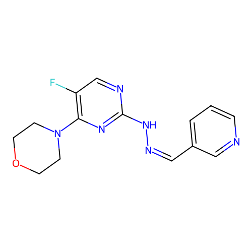 (Z)-4-(5-fluoro-2-(2-(pyridin-3-ylmethylene)hydrazinyl)pyrimidin-4-yl)morpholine structure