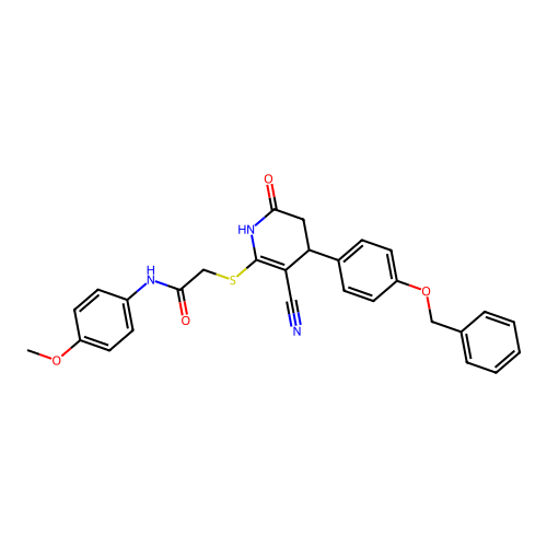 2-((4-(4-(benzyloxy)phenyl)-3-cyano-6-oxo-1,4,5,6-tetrahydropyridin-2-yl)thio)-N-(4-methoxyphenyl)acetamide structure