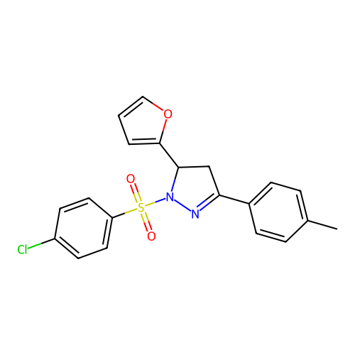 1-((4-chlorophenyl)sulfonyl)-5-(furan-2-yl)-3-(p-tolyl)-4,5-dihydro-1H-pyrazole structure