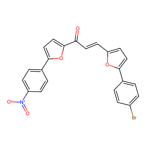 (2E)-3-[5-(4-bromophenyl)(2-furyl)]-1-[5-(4-nitrophenyl)(2-furyl)]prop-2-en-1- one structure