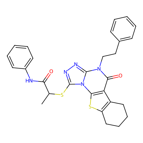 2-((5-oxo-4-phenethyl-4,5,6,7,8,9-hexahydrobenzo[4,5]thieno[3,2-e][1,2,4]triazolo[4,3-a]pyrimidin-1-yl)thio)-N-phenylpropanamide structure