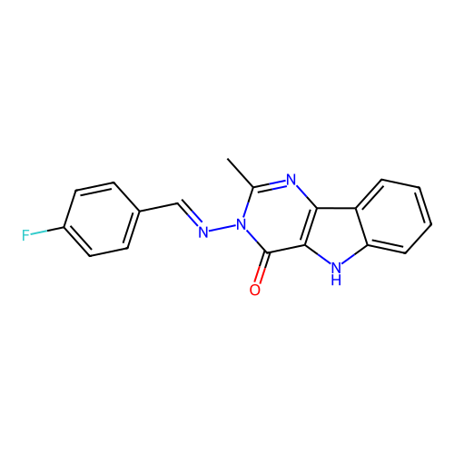 (E)-3-((4-fluorobenzylidene)amino)-2-methyl-3H-pyrimido[5,4-b]indol-4(5H)-one structure