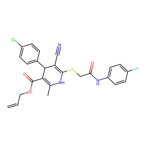 allyl 4-(4-chlorophenyl)-5-cyano-6-((2-((4-fluorophenyl)amino)-2-oxoethyl)thio)-2-methyl-1,4-dihydropyridine-3-carboxylate structure