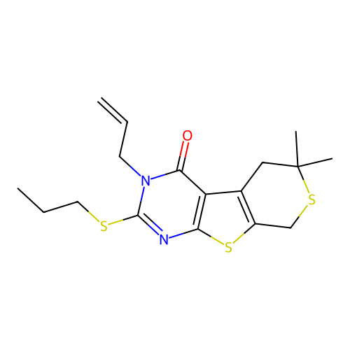 3-allyl-6,6-dimethyl-2-(propylthio)-5,6-dihydro-3H-thiopyrano[4',3':4,5]thieno[2,3-d]pyrimidin-4(8H)-one structure