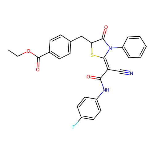 (Z)-ethyl 4-((2-(1-cyano-2-((4-fluorophenyl)amino)-2-oxoethylidene)-4-oxo-3-phenylthiazolidin-5-yl)methyl)benzoate structure