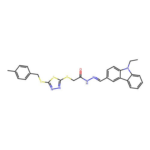 N'-[(E)-(9-ethyl-9H-carbazol-3-yl)methylidene]-2-({5-[(4-methylbenzyl)sulfanyl]-1,3,4-thiadiazol-2-yl}sulfanyl)acetohydrazide structure