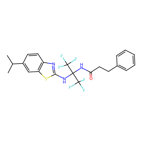 N-(1,1,1,3,3,3-hexafluoro-2-((6-isopropylbenzo[d]thiazol-2-yl)amino)propan-2-yl)-3-phenylpropanamide structure