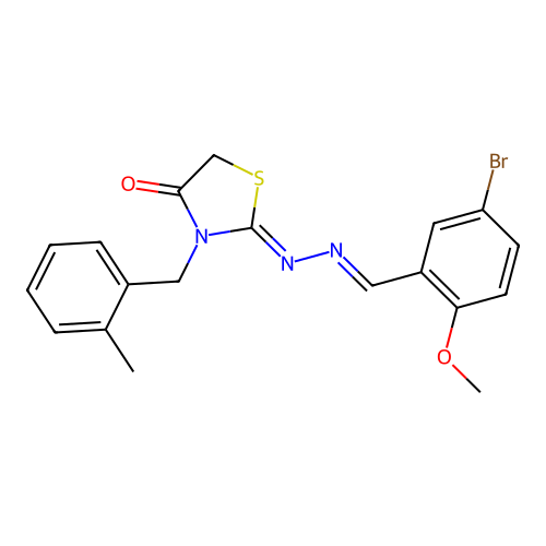 (Z)-2-((E)-(5-bromo-2-methoxybenzylidene)hydrazono)-3-(2-methylbenzyl)thiazolidin-4-one structure
