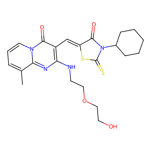 3-[(Z)-(3-cyclohexyl-4-oxo-2-thioxo-1,3-thiazolidin-5-ylidene)methyl]-2-{[2-(2-hydroxyethoxy)ethyl]amino}-9-methyl-4H-pyrido[1,2-a]pyrimidin-4-one structure