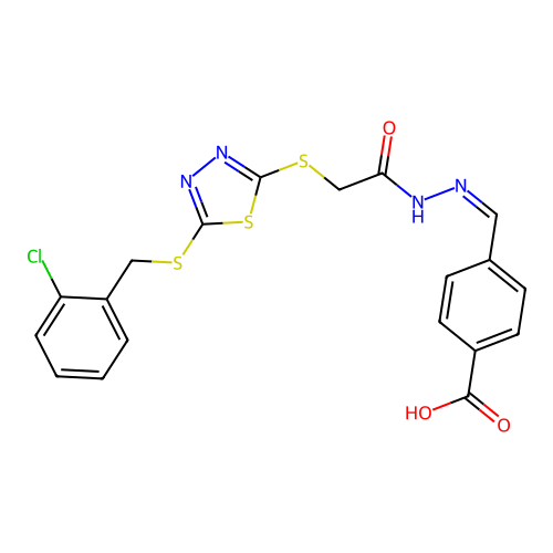 4-({2-[5-(2-Chloro-benzylsulfanyl)-[1,3,4]thiadiazol-2-ylsulfanyl]-acetyl}-hydrazonomethyl)-benzoic acid structure