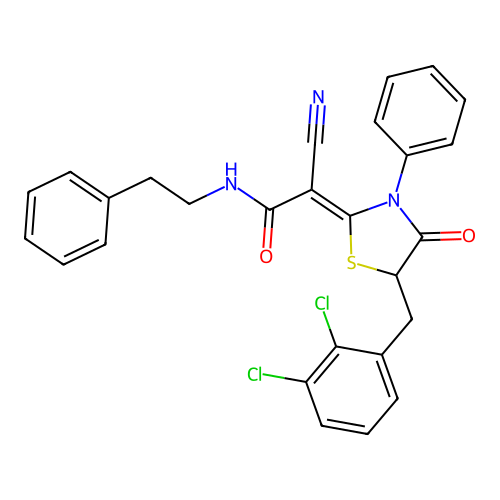 (2Z)-2-cyano-2-[5-(2,3-dichlorobenzyl)-4-oxo-3-phenyl-1,3-thiazolidin-2-ylidene]-N-(2-phenylethyl)ethanamide structure