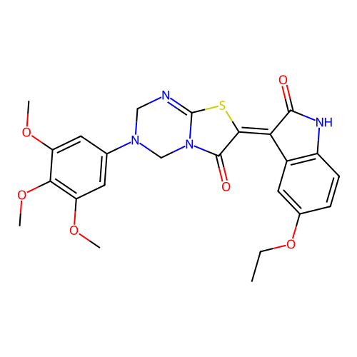 (7Z)-7-(5-ethoxy-2-oxo-1,2-dihydro-3H-indol-3-ylidene)-3-(3,4,5-trimethoxyphenyl)-3,4-dihydro-2H-[1,3]thiazolo[3,2-a][1,3,5]triazin-6(7H)-one structure