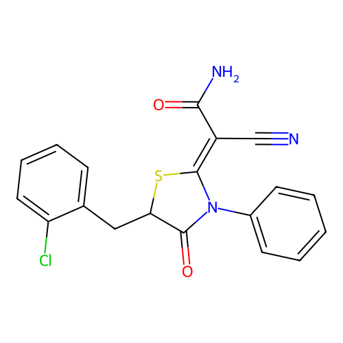 (Z)-2-(5-(2-chlorobenzyl)-4-oxo-3-phenylthiazolidin-2-ylidene)-2-cyanoacetamide structure