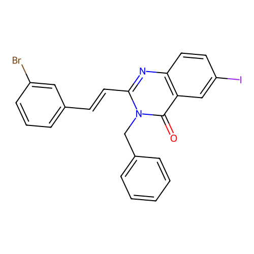 3-benzyl-2-[(E)-2-(3-bromophenyl)ethenyl]-6-iodoquinazolin-4(3H)-one structure
