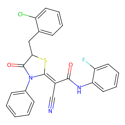 (Z)-2-(5-(2-chlorobenzyl)-4-oxo-3-phenylthiazolidin-2-ylidene)-2-cyano-N-(2-fluorophenyl)acetamide structure