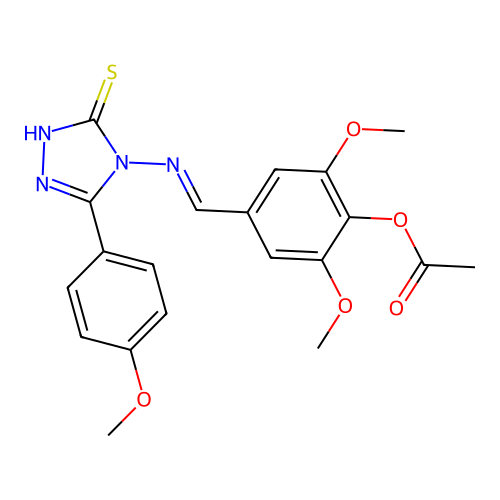(E)-4-(((3-mercapto-5-(4-methoxyphenyl)-4H-1,2,4-triazol-4-yl)imino)methyl)-2,6-dimethoxyphenyl acetate structure