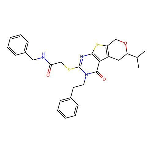 N-benzyl-2-((6-isopropyl-4-oxo-3-phenethyl-4,5,6,8-tetrahydro-3H-pyrano[4',3':4,5]thieno[2,3-d]pyrimidin-2-yl)thio)acetamide structure