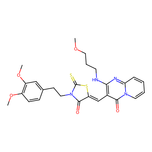 3-[(Z)-{3-[2-(3,4-dimethoxyphenyl)ethyl]-4-oxo-2-thioxo-1,3-thiazolidin-5-ylidene}methyl]-2-[(3-methoxypropyl)amino]-4H-pyrido[1,2-a]pyrimidin-4-one structure