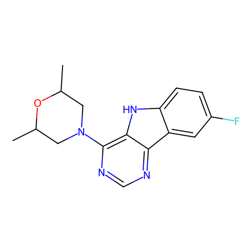 4-(8-fluoro-5H-pyrimido[5,4-b]indol-4-yl)-2,6-dimethylmorpholine structure