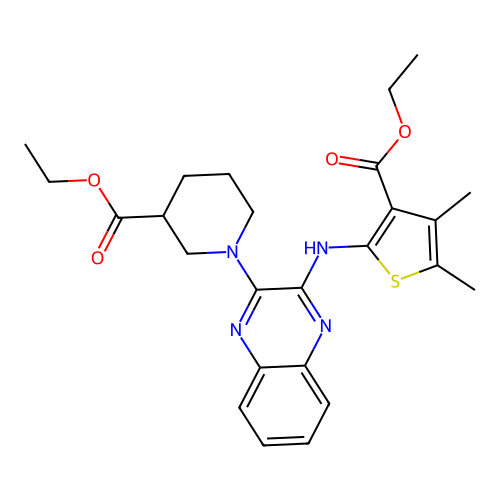 ethyl 1-(3-((3-(ethoxycarbonyl)-4,5-dimethylthiophen-2-yl)amino)quinoxalin-2-yl)piperidine-3-carboxylate structure