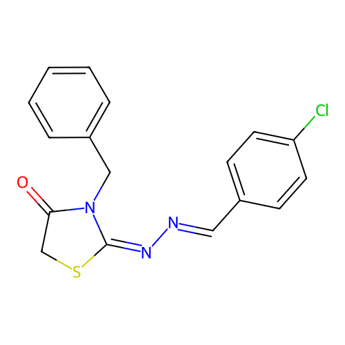 (E)-3-benzyl-2-((E)-(4-chlorobenzylidene)hydrazono)thiazolidin-4-one structure