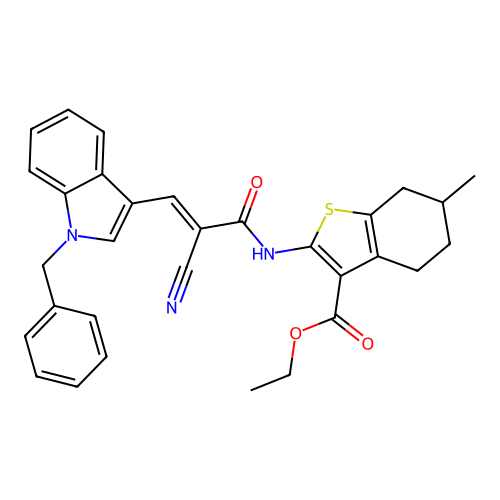 (E)-ethyl 2-(3-(1-benzyl-1H-indol-3-yl)-2-cyanoacrylamido)-6-methyl-4,5,6,7-tetrahydrobenzo[b]thiophene-3-carboxylate structure