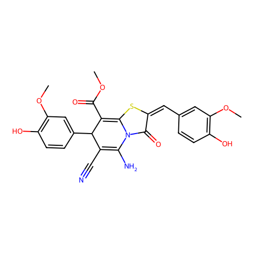 (E)-methyl 5-amino-6-cyano-2-(4-hydroxy-3-methoxybenzylidene)-7-(4-hydroxy-3-methoxyphenyl)-3-oxo-3,7-dihydro-2H-thiazolo[3,2-a]pyridine-8-carboxylate structure