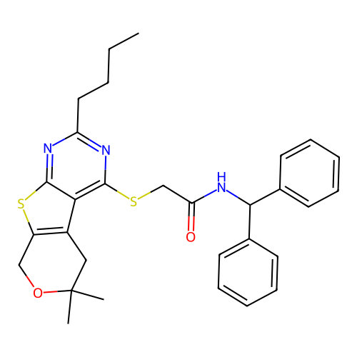 2-[(2-butyl-6,6-dimethyl-5,8-dihydro-6H-pyrano[4',3':4,5]thieno[2,3-d]pyrimidin-4-yl)sulfanyl]-N-(diphenylmethyl)acetamide structure
