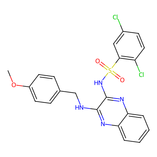 2,5-dichloro-N-(3-((4-methoxybenzyl)amino)quinoxalin-2-yl)benzenesulfonamide structure