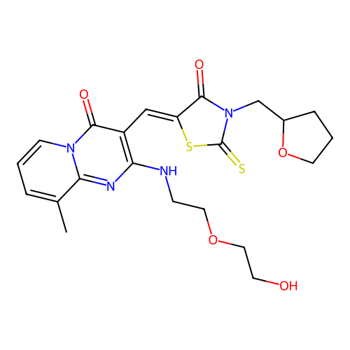 (Z)-5-((2-((2-(2-hydroxyethoxy)ethyl)amino)-9-methyl-4-oxo-4H-pyrido[1,2-a]pyrimidin-3-yl)methylene)-3-((tetrahydrofuran-2-yl)methyl)-2-thioxothiazolidin-4-one structure