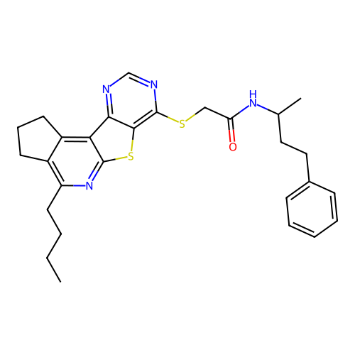 2-((4-butyl-2,3-dihydro-1H-cyclopenta[4',5']pyrido[3',2':4,5]thieno[3,2-d]pyrimidin-7-yl)thio)-N-(4-phenylbutan-2-yl)acetamide structure