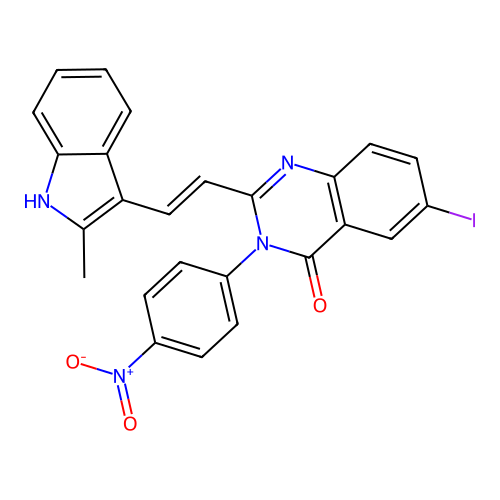 (E)-6-iodo-2-(2-(2-methyl-1H-indol-3-yl)vinyl)-3-(4-nitrophenyl)quinazolin-4(3H)-one structure